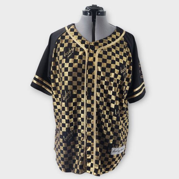 Baby Phat Jersey Women's 3XL Gold/Black Checkered Button Down Short Sleeve Y2K - Picture 1 of 7